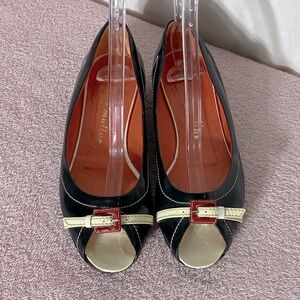 Hettye Mueller Vintage Black Patent Leather Peep Toe Flats With Buckle 36.5